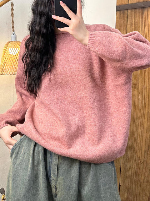 Women Vintage Autumn Solid Solid O-Neck Knit Sweater