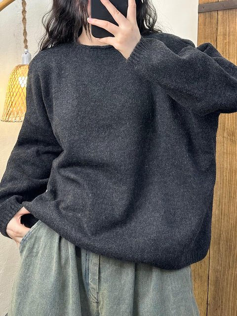 Women Vintage Autumn Solid Solid O-Neck Knit Sweater