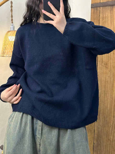 Women Vintage Autumn Solid Solid O-Neck Knit Sweater