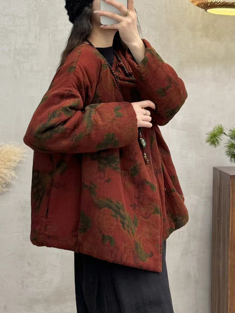 Women Autumn Vintage O-Neck Flower Cotton Coat