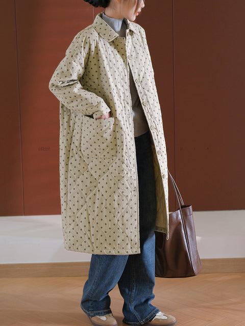 Women Autumn Vintage Turn-down Collar Dot Cotton Coat