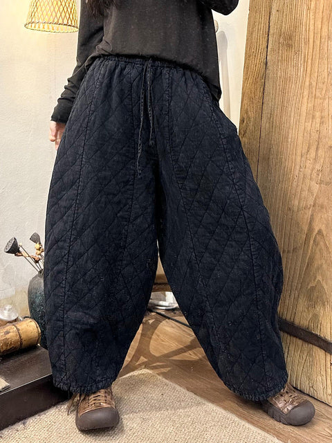 Women Winter Retro Rhomboids Loose Padded Harem Pants