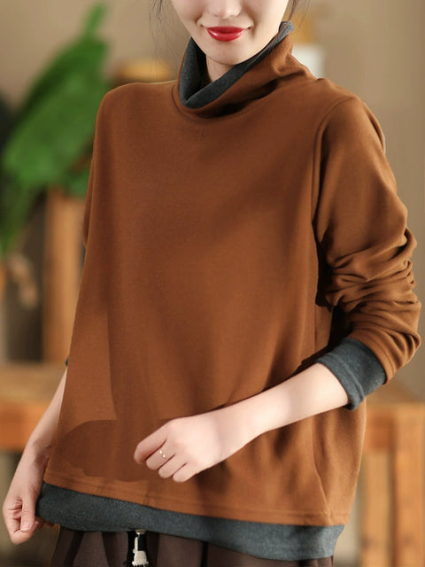 Women Casual Autumn Warm Colorblock Turtleneck Sweatshirt