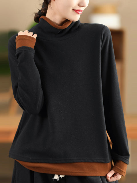 Women Casual Autumn Warm Colorblock Turtleneck Sweatshirt