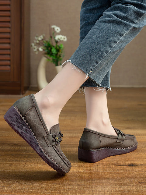 Women Ethnic Flower Spliced Leather Square-toe Low Heel Shoes