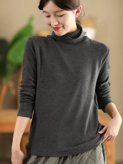 Women Casual Autumn Solid Turtleneck Botton Blouse