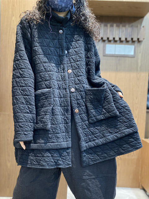 Women Winter Rhomboids Stand Collar Solid Padded Coat