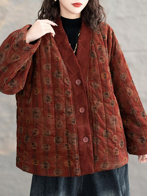 Women Autumn Retro V-Neck Print Colorblock Padded Coat