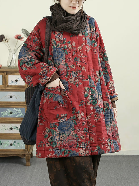 Women Autumn Vintage O-Neck Flower Cotton Padded Coat