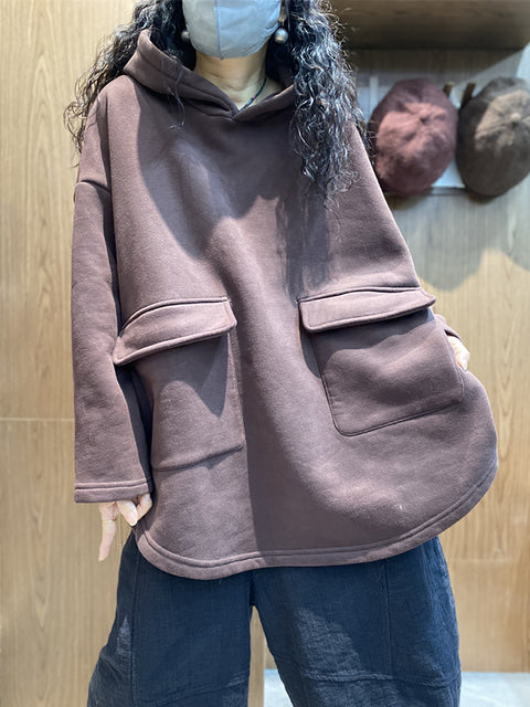 Women Casual Autumn Solid Pocket Hooded Sweatshirt