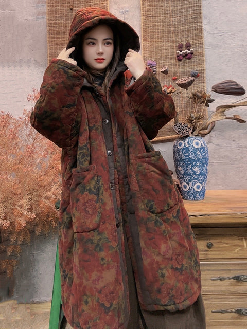 Women Autumn Vintage Flower Cotton Hooded Padded Coat