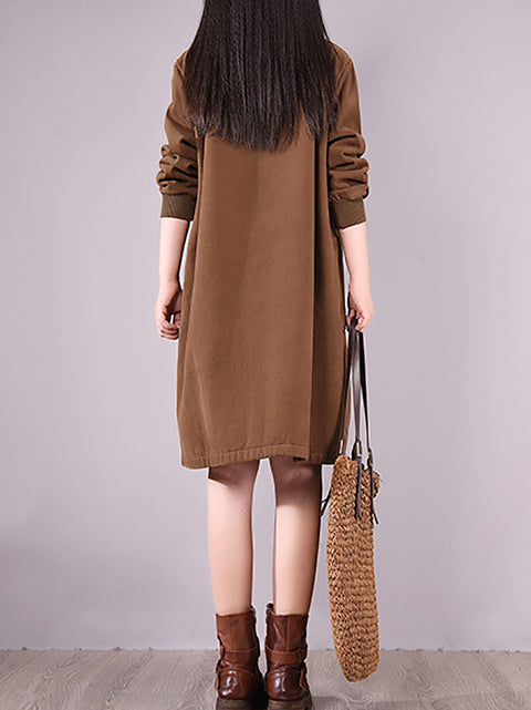 Women Winter Artsy Solid Fleecce-lined Turtleneck Cotton Dress