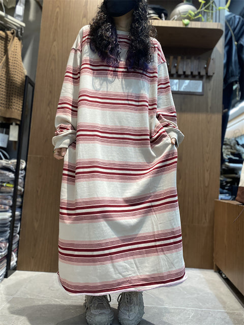 Women Casual Autumn Stripe O-Neck Cotton Dress