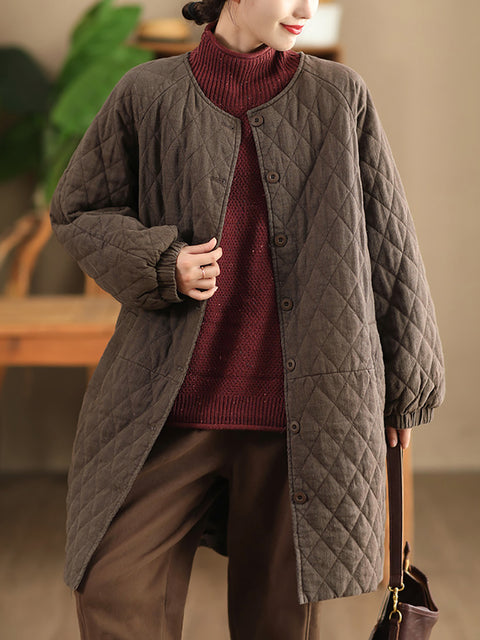 Women Autumn Casual Solid Rhomboid Linen Padded Coat