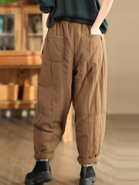 Women Winter Casual Solid Spliced Linen Padded Harem Pants