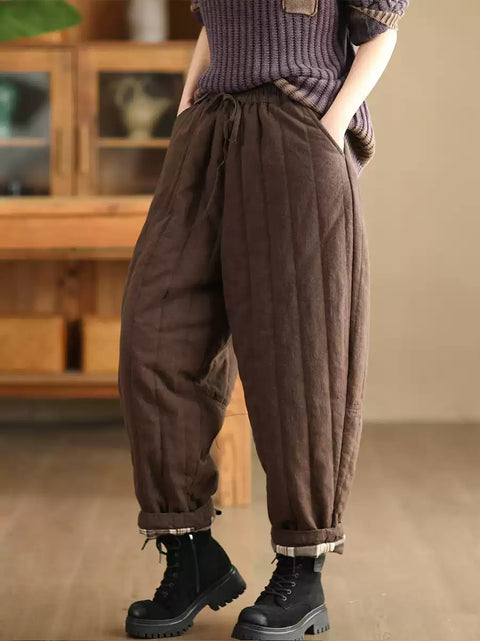 Women Winter Casual Solid Spliced Linen Padded Harem Pants