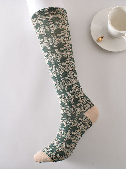 6 Pairs Women Artsy Floral Jacquard Cotton Long Socks