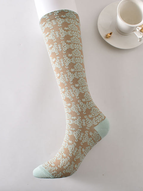 6 Pairs Women Artsy Floral Jacquard Cotton Long Socks