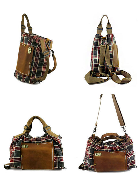 Women Vintage Plaid Leather Crossbody Bag