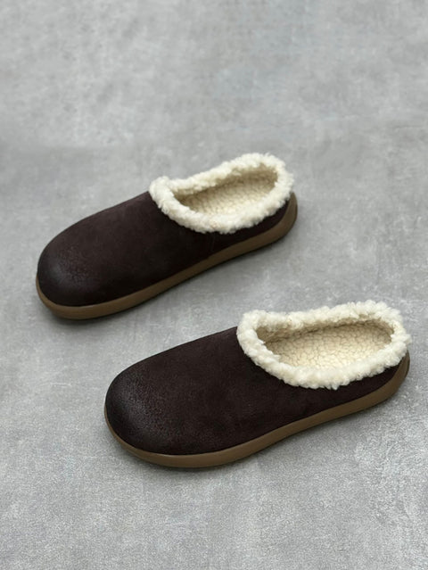 Women Winter Fleece-lined Genuine Leather Flat Slippers