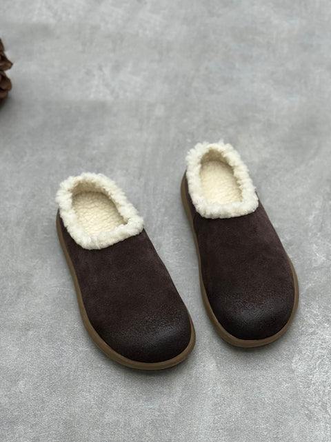 Women Winter Fleece-lined Genuine Leather Flat Slippers