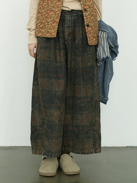 Women Winter Retro Flower Denim Spliced Wide-leg Pants