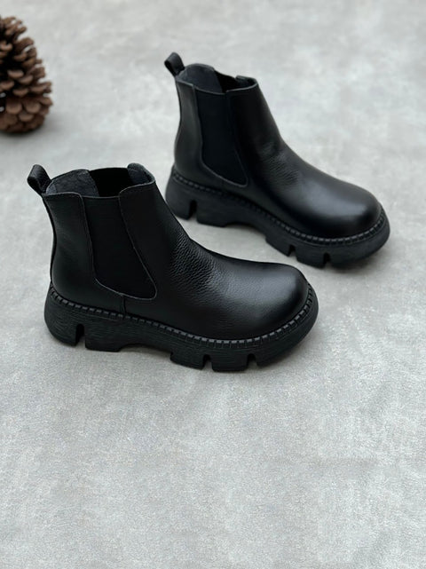 Women Retro Genuine Leather Platform Low-Heel Boots