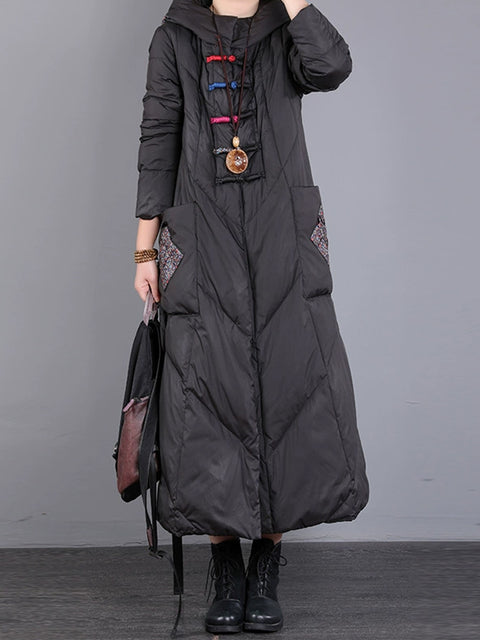 Women Winter Vintage Patch Hooded Long Down Coat