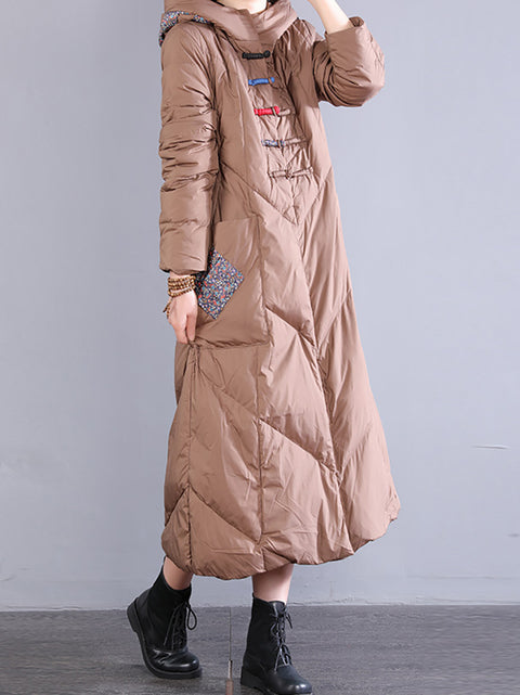 Women Winter Vintage Patch Hooded Long Down Coat