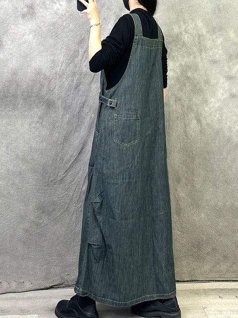 Women Autumn Casual Solid Loose Denim Overall Dress