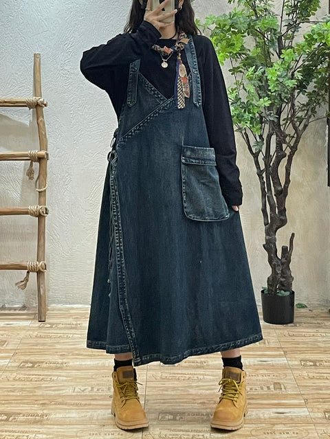 Plus Size Women Autumn Retro Denim Spliced Overall Dress