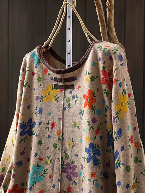 Women Autumn Casual Flower Knit O-Neck Sweater