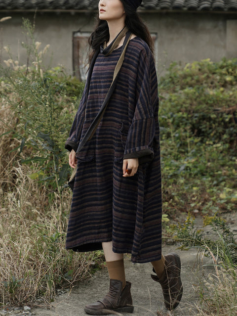 Women Autumn Casual Stripe Linen O-Neck Dress