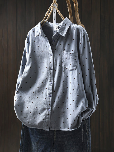 Women Vintage Autumn Dot 100%Cotton Shirt