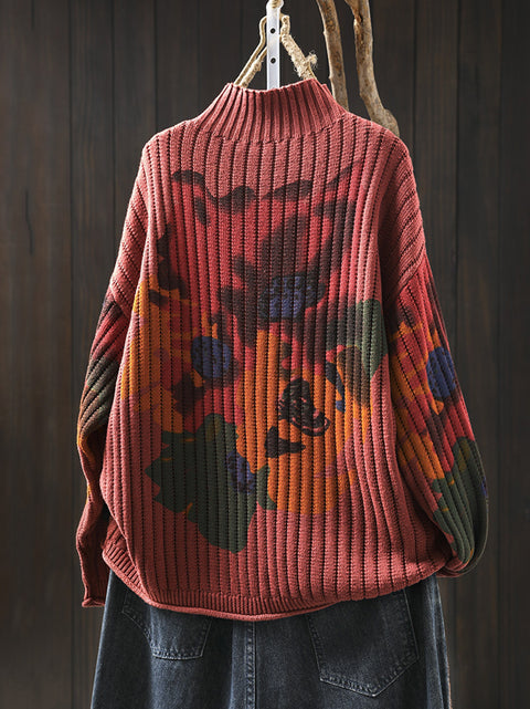 Women Autumn Artsy Flower Half-Turtleneck Sweater