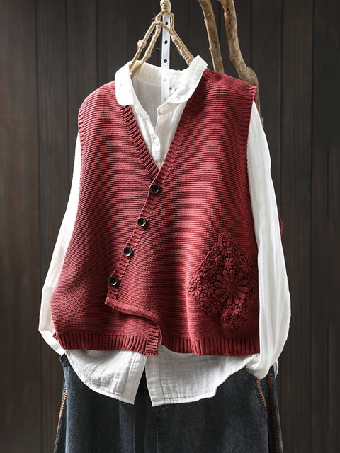 Women Casual Autumn Embroidery V-Neck Knit Vest