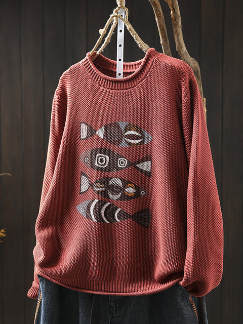 Women Autumn Artsy Fish Print O-Neck Sweater