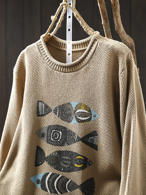 Women Autumn Artsy Fish Print O-Neck Sweater