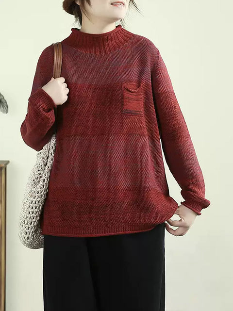 Women Autumn Artsy Colorblock Stand Collar Knit Sweater