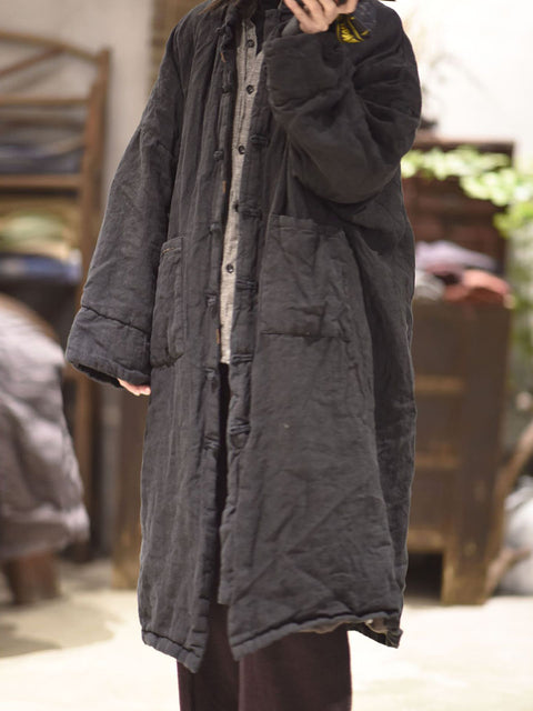 Women Winter Casual Pure Color Linen Padded Long Coat