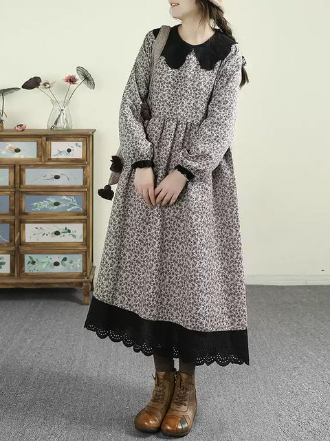 Women Autumn Floral O-Neck Lace Loose Dress