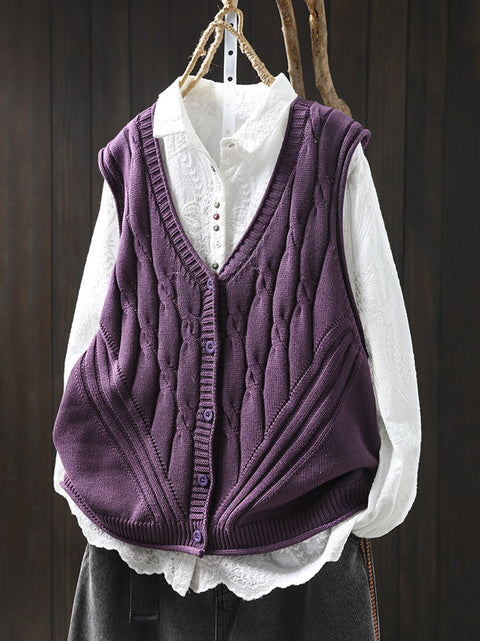 Women Spring Pure Color Knit V-Neck Vest