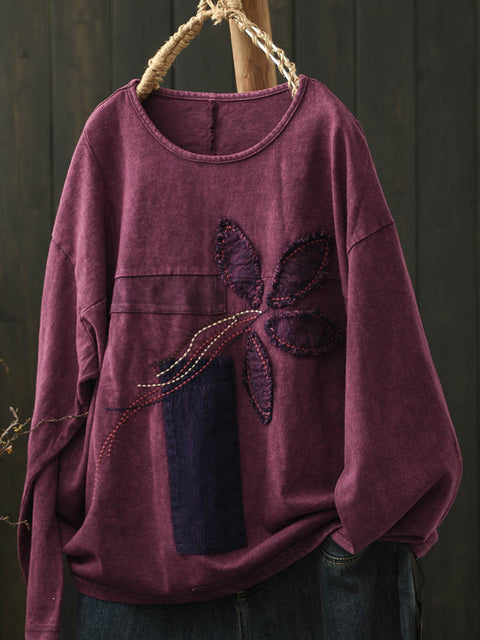 Women Autumn Patch O-Neck Sweatshirt