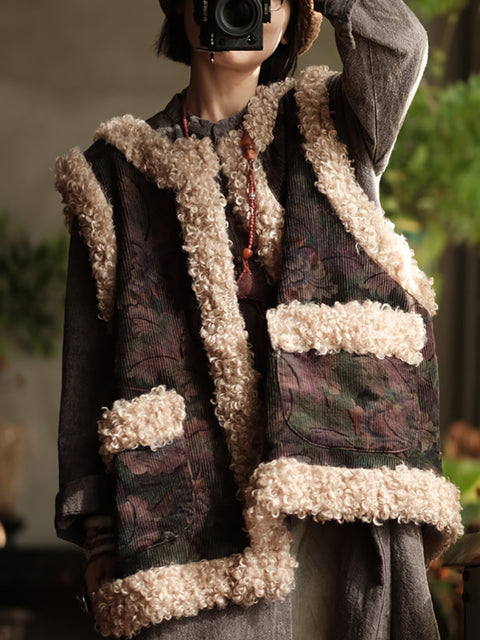 Women Retro Flower Corduroy Fleece Spliced Vest Coat