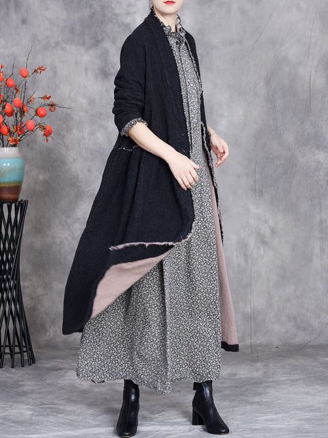 Women Autumn Ethnic Solid Linen Raw-edge Long Coat