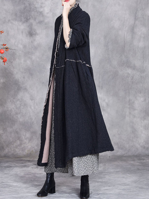 Women Autumn Ethnic Solid Linen Raw-edge Long Coat