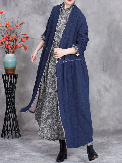 Women Autumn Ethnic Solid Linen Raw-edge Long Coat