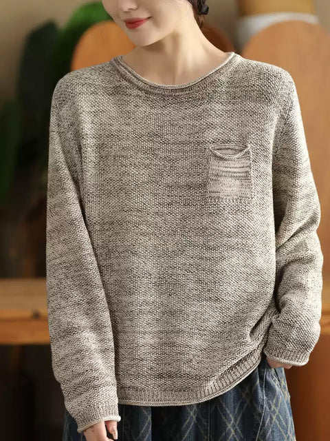 Women Autumn Colorblock O-Neck Cotton Sweater