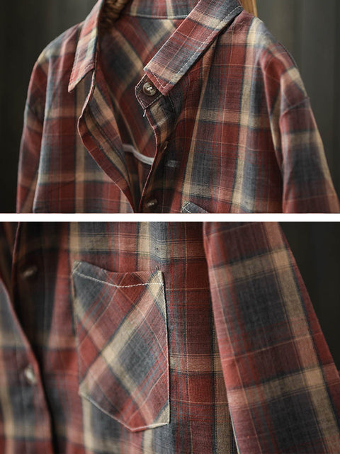 Women Autumn Artsy Cotton Plaid Shirt