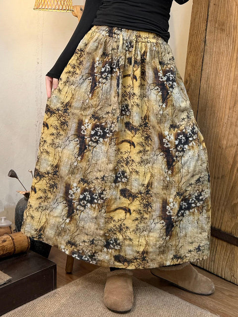 Women Spring Retro Flower Cotton Skirt